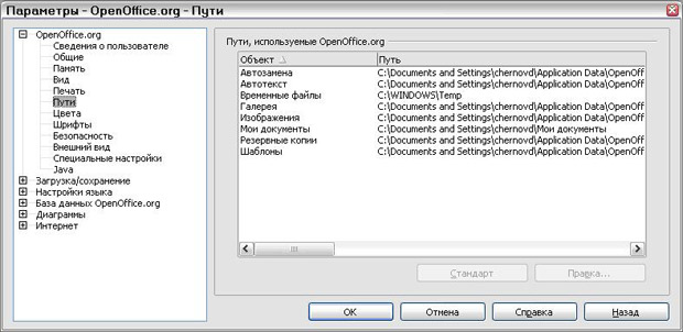 Отображение путей к файлам, используемым OpenOffice.org